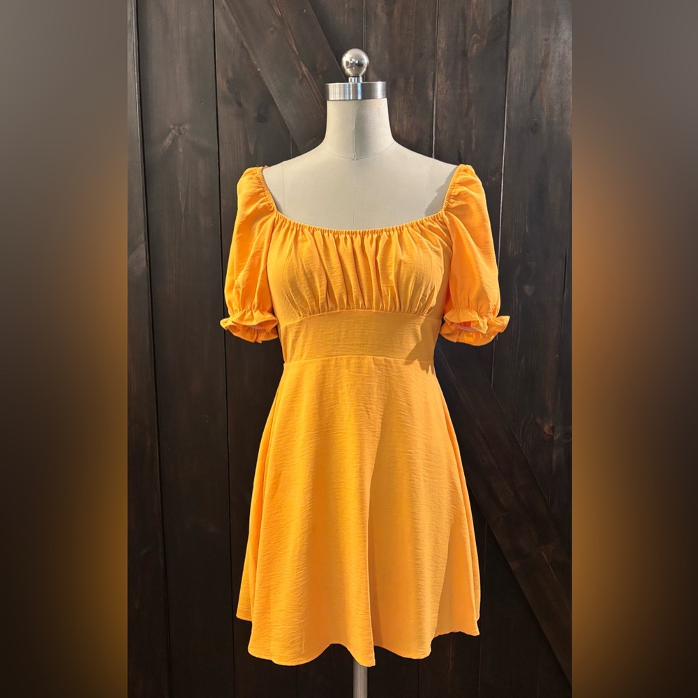 Bebop Elegan Orange Puff Sleeve Dress With Open Back